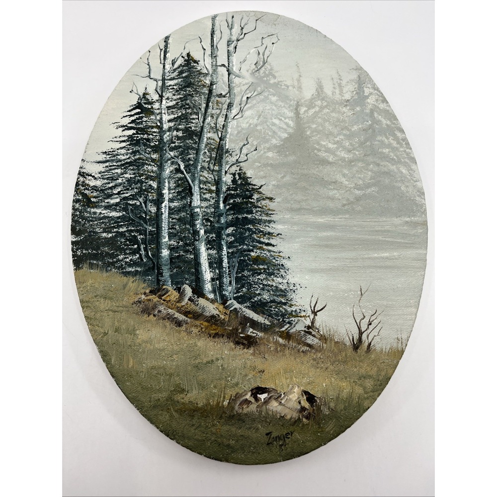 Oval Hand‎ Painted Landscape Paintings 12" Tall Wall Hanging White Birch Zenger